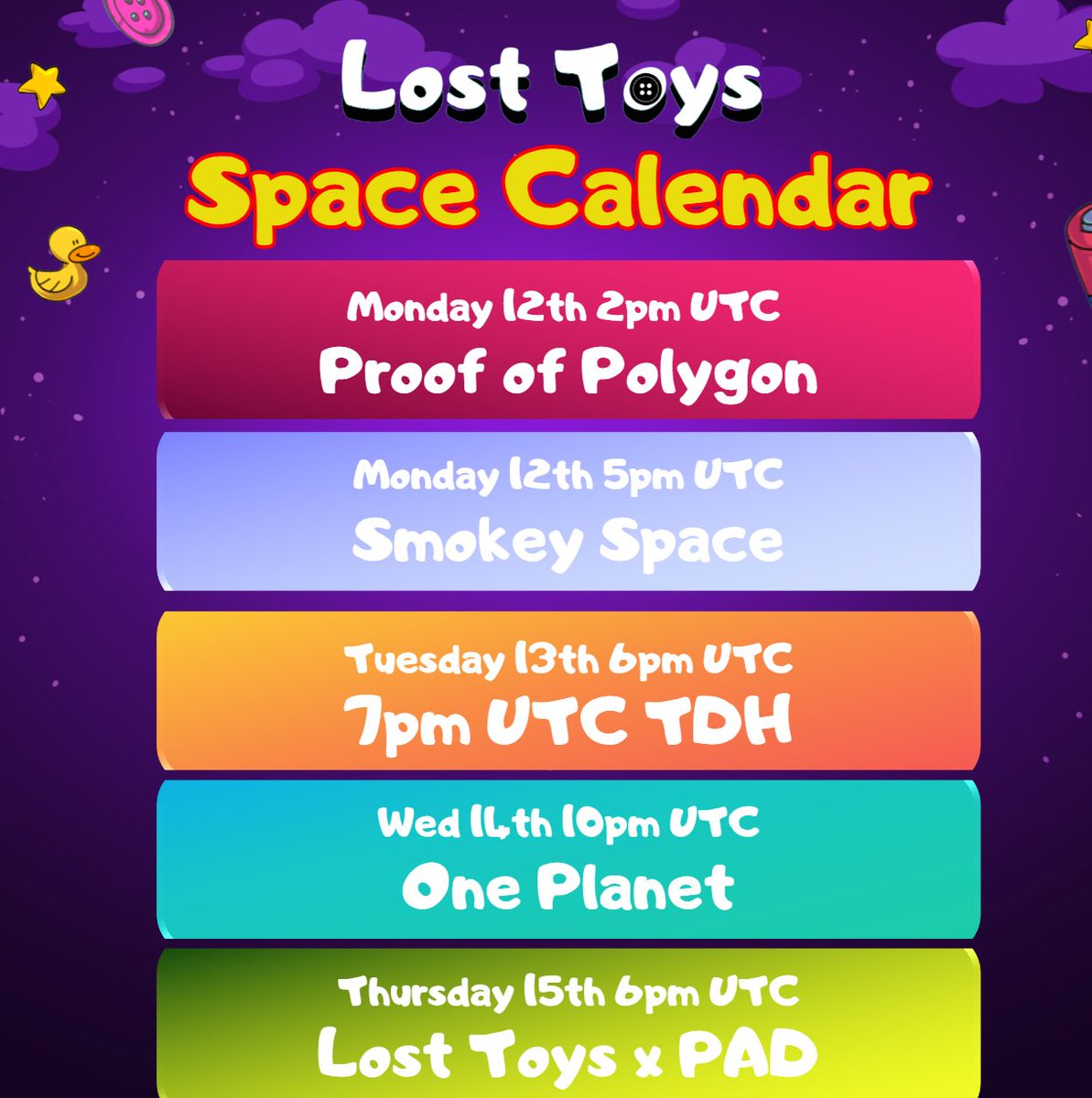 Just a few of the Spaces we have lined up for this week ahead of our mint on the 22nd of June via @OnePlanet_NFT ! 

If you want to learn more about Lost Toys and our Crankies mint on #Polygon make sure to join!

#NFTCommunity