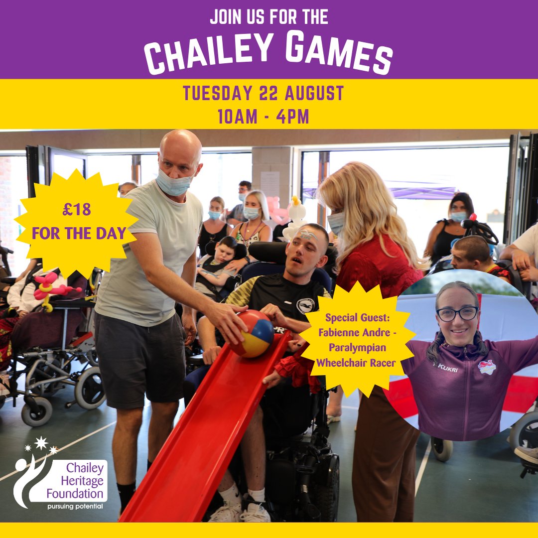 ChaileyHeritage's tweet photo. The Chailey Games is back on 22 Aug! 🏆

Join us for skittles, New Age Kurling, boxing &amp; weightlifting. We'll also be joined by @fabs_andre Paralympian Wheelchair Racer! 

This event is open to Leisure and Skills Centre customers and young people from our bungalows &amp; School. https://t.co/1XameBDVEV