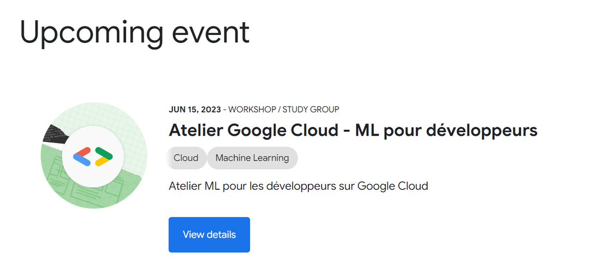 Laurent Picard (@picardparis) on Twitter photo Bonjour à tous,
📢 J'animerai un atelier en visio "Google Cloud - ML pour développeurs"
🗓️ Jeudi 15 juin 19h
🛠️ Venez tester différents modèles prêts à l'emploi et étendre votre boîte à outils
▶️ Inscription gratuite : gdg.community.dev/events/details…
🙏 <a href="/GDGCloudParis/">GDG Cloud Paris</a> pour l'organisation Bonjour à tous,
📢 J'animerai un atelier en visio "Google Cloud - ML pour développeurs"
🗓️ Jeudi 15 juin 19h
🛠️ Venez tester différents modèles prêts à l'emploi et étendre votre boîte à outils
▶️ Inscription gratuite : gdg.community.dev/events/details…
🙏 <a href="/GDGCloudParis/">GDG Cloud Paris</a> pour l'organisation