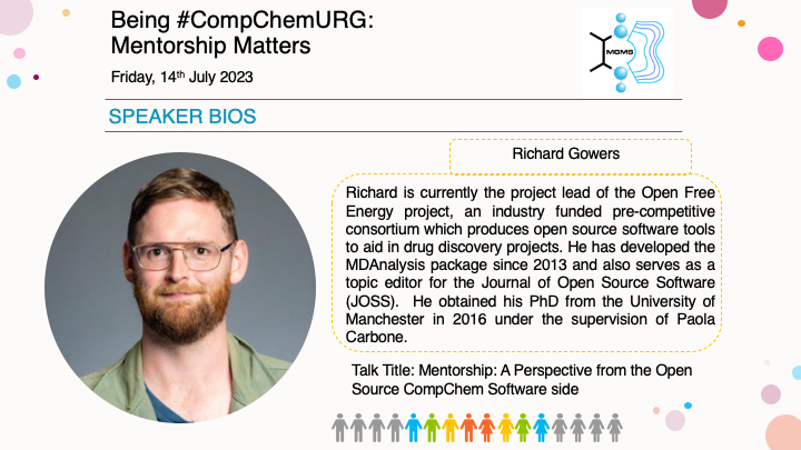 CompChemURG's tweet photo. It's not long to go before our "Mentorship Matters" meeting scheduled for 14th July, 2023! ⏰

We'll be introducing our speakers over the next few weeks and first up it's @richardjgowers with his talk:

"Mentorship: A perspective from the Open Source CompChem Software side" https://t.co/ZiTI6SDdkp