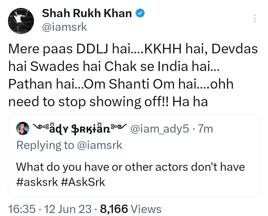 Q. In English

A. I have ddlj, kkhh, devdas, swades, chak de india, pathaan, om shanti om..
I need to stop showing off.