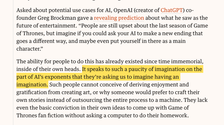 great article; this in particular really nails the fundamentals of so much of what we are seeing play out across so many creative fields at the moment: