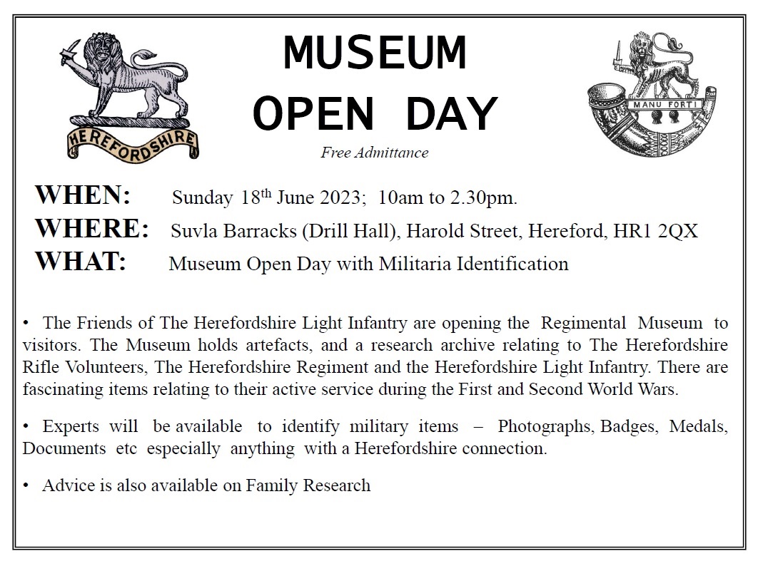HerefordTIC's tweet image. #Herefordshire #Regimental #Museum's yearly Open Day has been announced! Pop along for a wonderful day, view the extensively refurbished Museum and enjoy the stunning displays.

Sunday 18th June 2023 - 1000 till 1430!