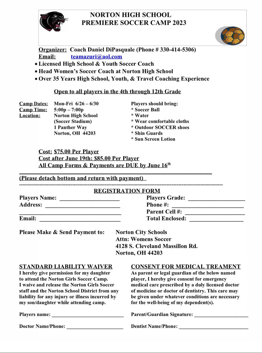 PPABC22's tweet photo. The NHS Ladies Soccer team is holding a youth camp June 26-June 30th. Camp is open to both boys and girls. More informations is available on the flyer below: https://t.co/vk2MsRGE0J