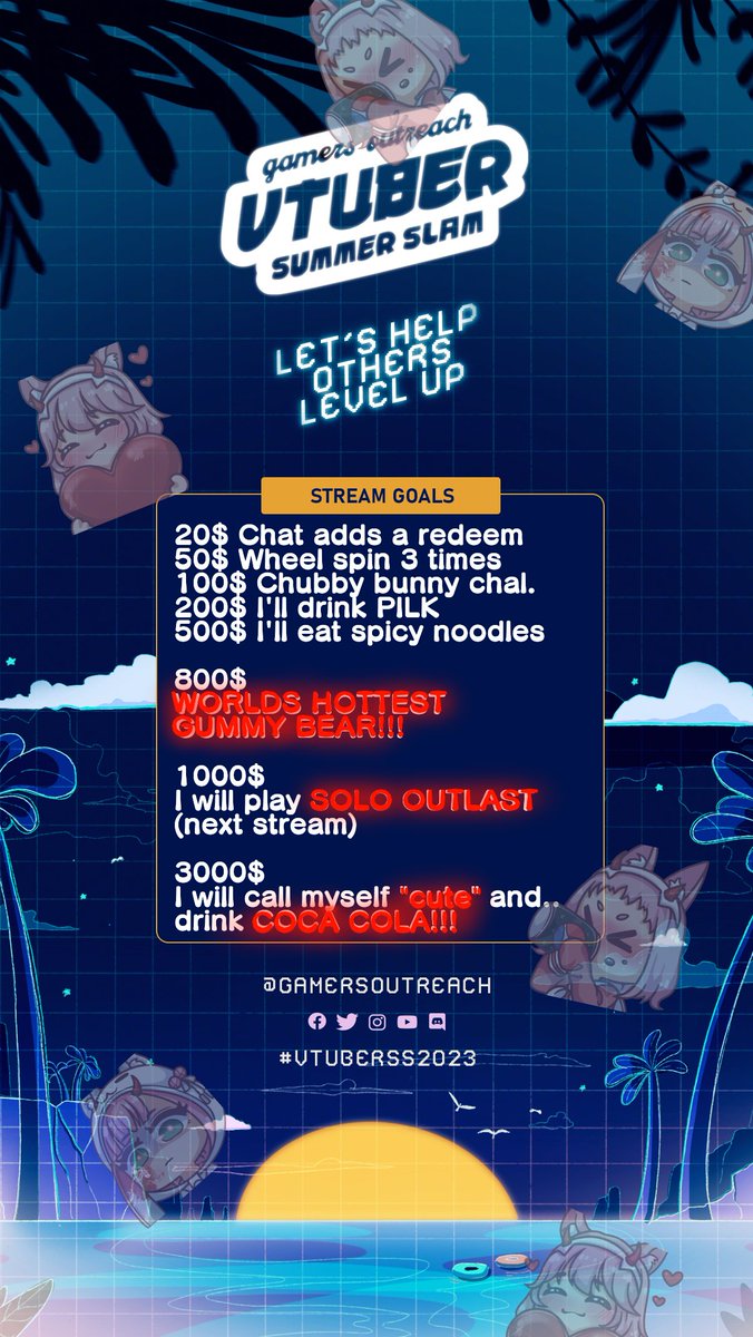 0SagaA0's tweet image. Sooo.. these are the goals i have in mind for the charity VTUBER SUMMER SLAM streamathon!!!

Thoughts? I think they are good..

The wheel one? COMING SOON.. its a bit of a tease of what will be coming up in the stream