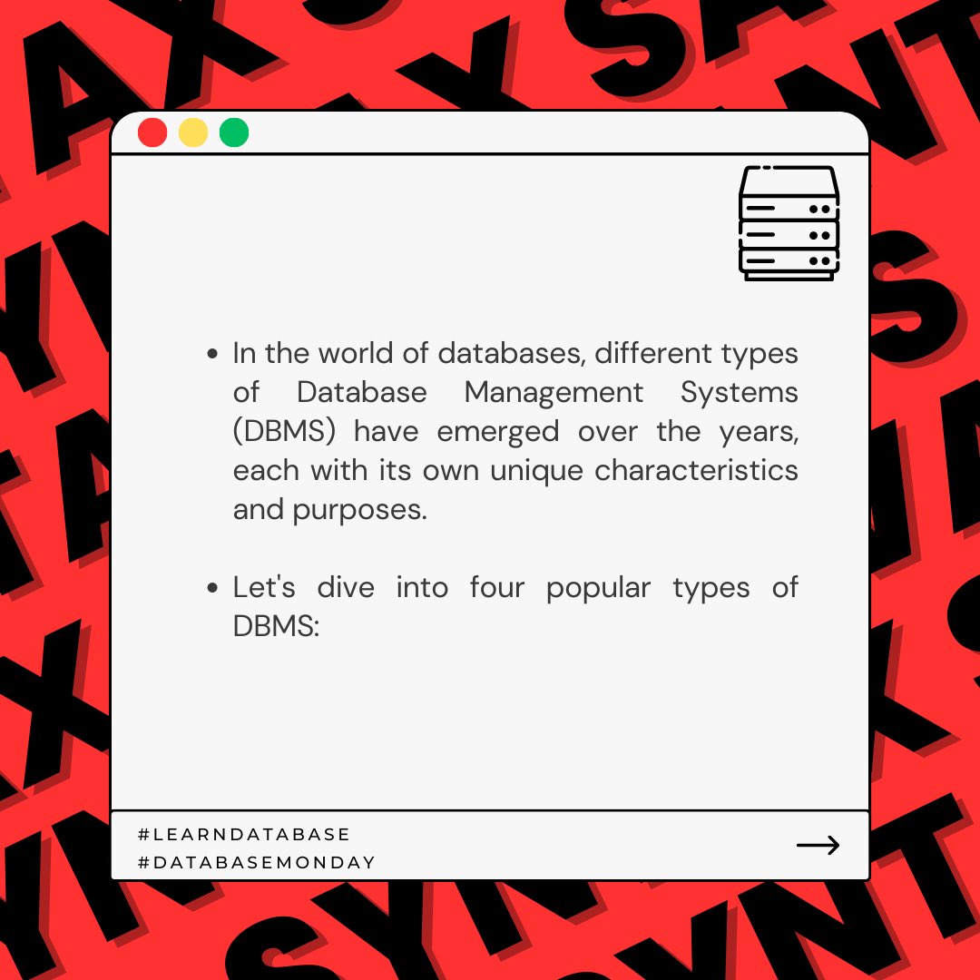 SyntaxSavants's tweet image. Database Management Systems (DBMS): Exploring Different Types 🗄️💡

#DBMS #DatabaseManagementSystems #NetworkDBMS #RelationalDBMS #ObjectOrientedDBMS #CodingJourney #CodingBeginner #SyntaxSavants #LearningToCode #ProgrammingJourney #learn #LearnDatabase #DatabaseMonday