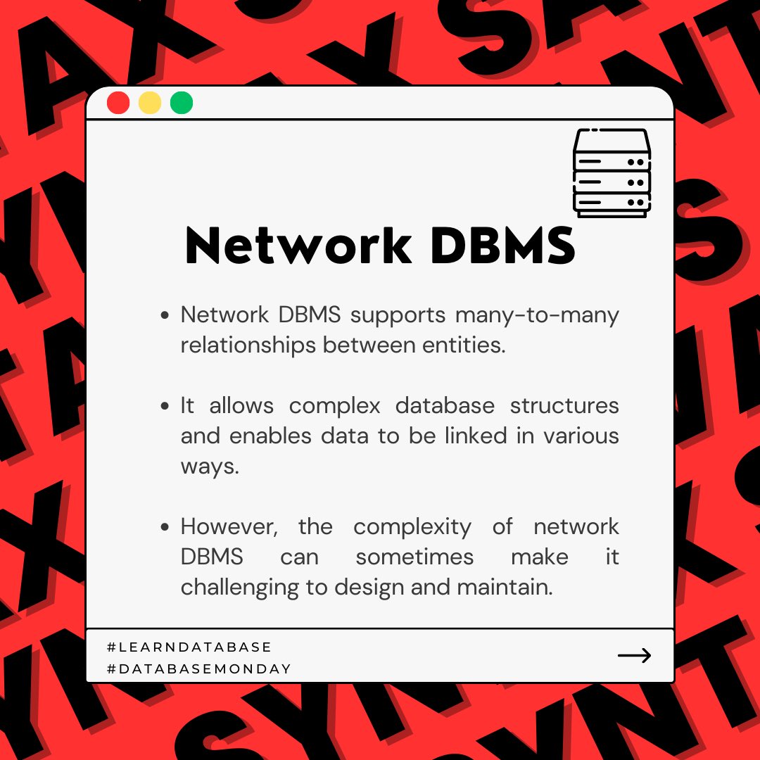 SyntaxSavants's tweet image. Database Management Systems (DBMS): Exploring Different Types 🗄️💡

#DBMS #DatabaseManagementSystems #NetworkDBMS #RelationalDBMS #ObjectOrientedDBMS #CodingJourney #CodingBeginner #SyntaxSavants #LearningToCode #ProgrammingJourney #learn #LearnDatabase #DatabaseMonday