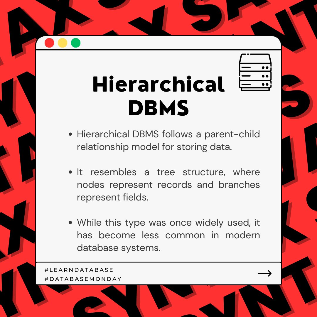 SyntaxSavants's tweet image. Database Management Systems (DBMS): Exploring Different Types 🗄️💡

#DBMS #DatabaseManagementSystems #NetworkDBMS #RelationalDBMS #ObjectOrientedDBMS #CodingJourney #CodingBeginner #SyntaxSavants #LearningToCode #ProgrammingJourney #learn #LearnDatabase #DatabaseMonday