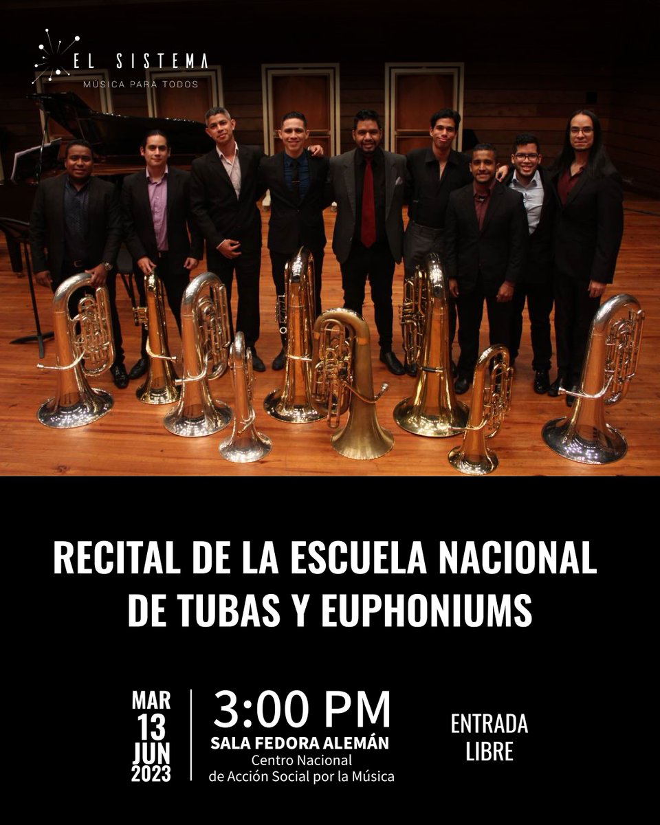 Los invitamos al recital de la Escuela Nacional de Tubas y Euphoniums que se realizará en la #SalaFedoraAlemán este martes #13Jun a las 3 PM

Los solistas interpretarán un amplio repertorio con obras significativas que dmuestran su gran destreza en el instrumento

#EntradaLibre
