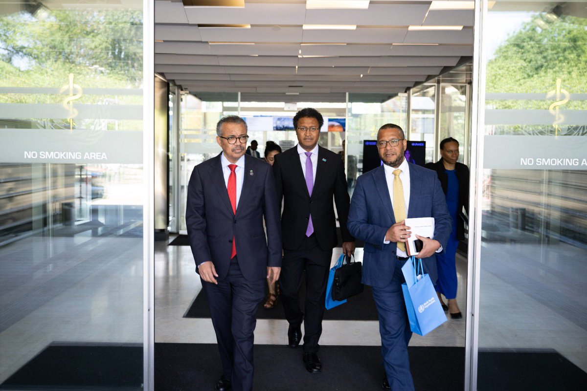 Tedros Adhanom Ghebreyesus (@drtedros) on Twitter photo Met with Ambassadors 🇧🇧 <a href="/Matthewbarbados/">Matthew Wilson</a> and 🇫🇯 <a href="/LukeDaunivalu/">Luke Daunivalu</a>, ahead of the Small Island Developing States’ Summit to #BeatNCDs and improve mental health. I thanked them for leading on a comprehensive declaration. Now, we need political commitment to turn it into action! Met with Ambassadors 🇧🇧 <a href="/Matthewbarbados/">Matthew Wilson</a> and 🇫🇯 <a href="/LukeDaunivalu/">Luke Daunivalu</a>, ahead of the Small Island Developing States’ Summit to #BeatNCDs and improve mental health. I thanked them for leading on a comprehensive declaration. Now, we need political commitment to turn it into action!