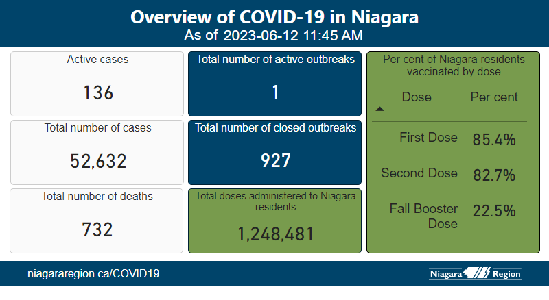 Overview of COVID-19 in Niagara as of June 12.

✅#MaskUp
✅#GetVaxxed
✅#GetBoosted
✅#PhysicalDistance
✅#StayHomeWhenSick
✅#WashYourhands

💉 niagararegion.ca/health/covid-1…