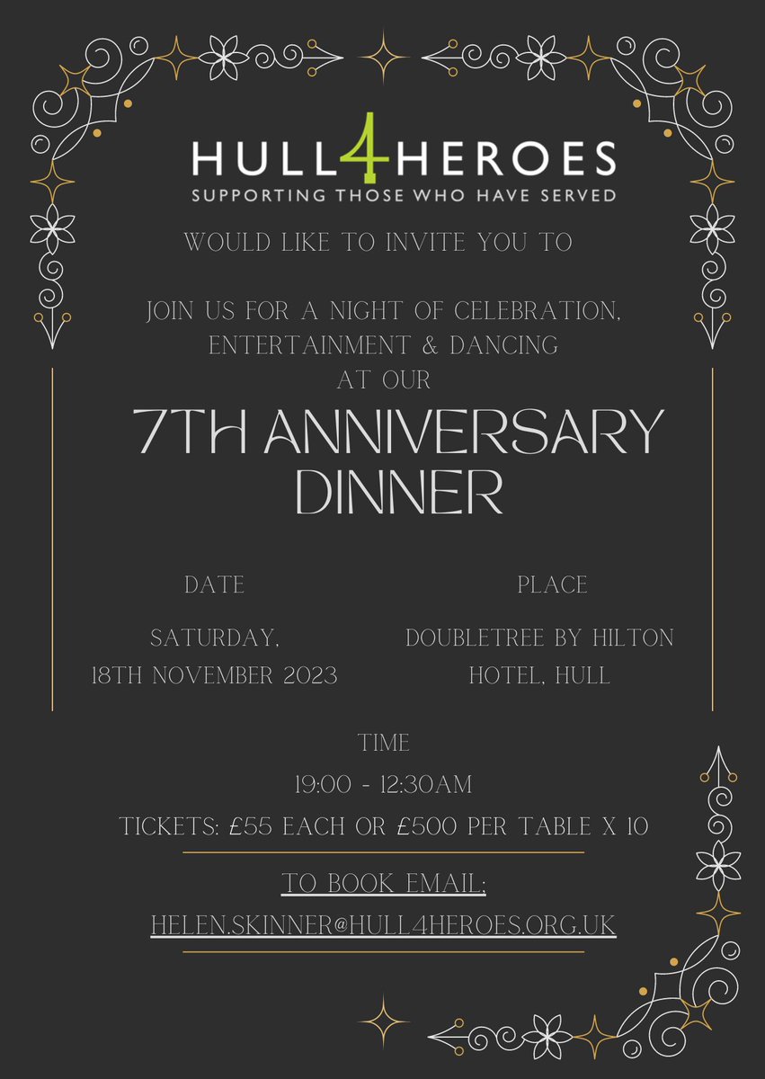 join us for our Anniversary Dinner 
to book simply press on the link below 
hull4heroes.org.uk/events/anniver…