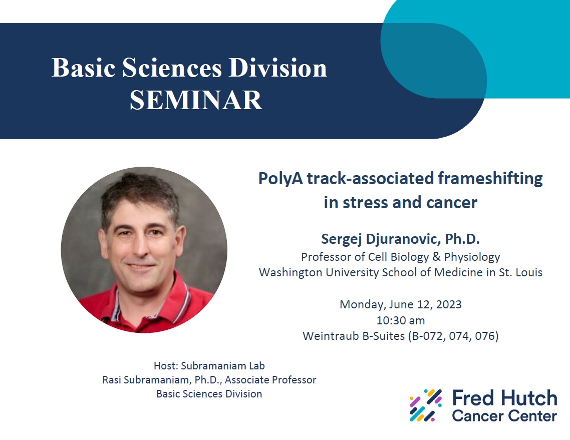 Dr. Sergej Djuranovic (@DjuranovicLab) is joining us today to share his research on PolyA track-associated frameshifting in stress and cancer. For all our @FredHutch Colleagues, don’t miss a great talk today at 10:30 AM in the Weintraub B-Suites (B-072, 074, 076).