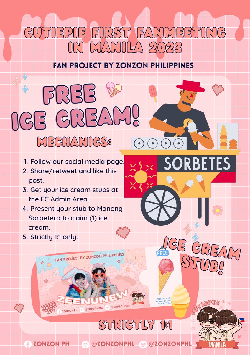 𝗙𝗥𝗘𝗘 𝗜𝗖𝗘 𝗖𝗥𝗘𝗔𝗠!

Yes, you read that right! We've prepared a special treat for Zonzons! Simply follow us on social media to receive a free cone of ice cream, and then find the assigned admin to claim your ice cream stub! 🍦🩷

#CutiePie1stFanMeetinginMNL2023 #ZeeNuNew