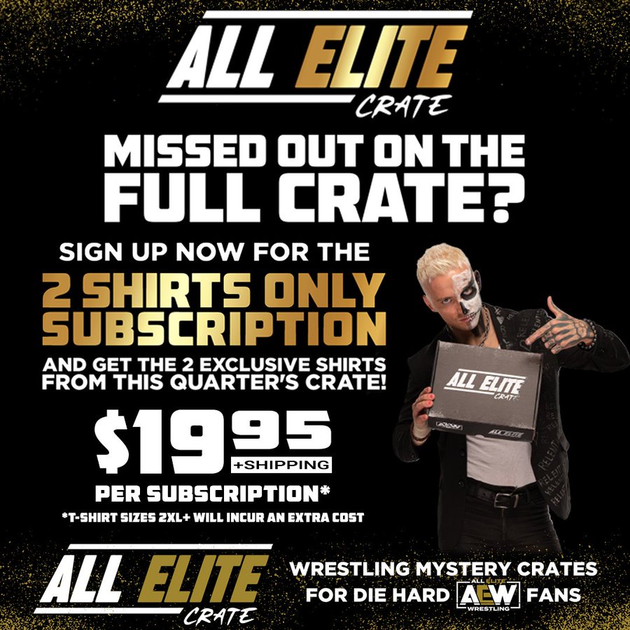 PWTees's tweet photo. Did you know that there is a 2 Shirt Only Plan for All Elite Crate at $19.95?
If you didn't sign up for the full crate, you can sign up for this subscription!
Sign Up Now at https://t.co/vUeKJw8PRW
@shopaew @aew #allelitecrate #aew #aewcrate https://t.co/zofpVXUT6U