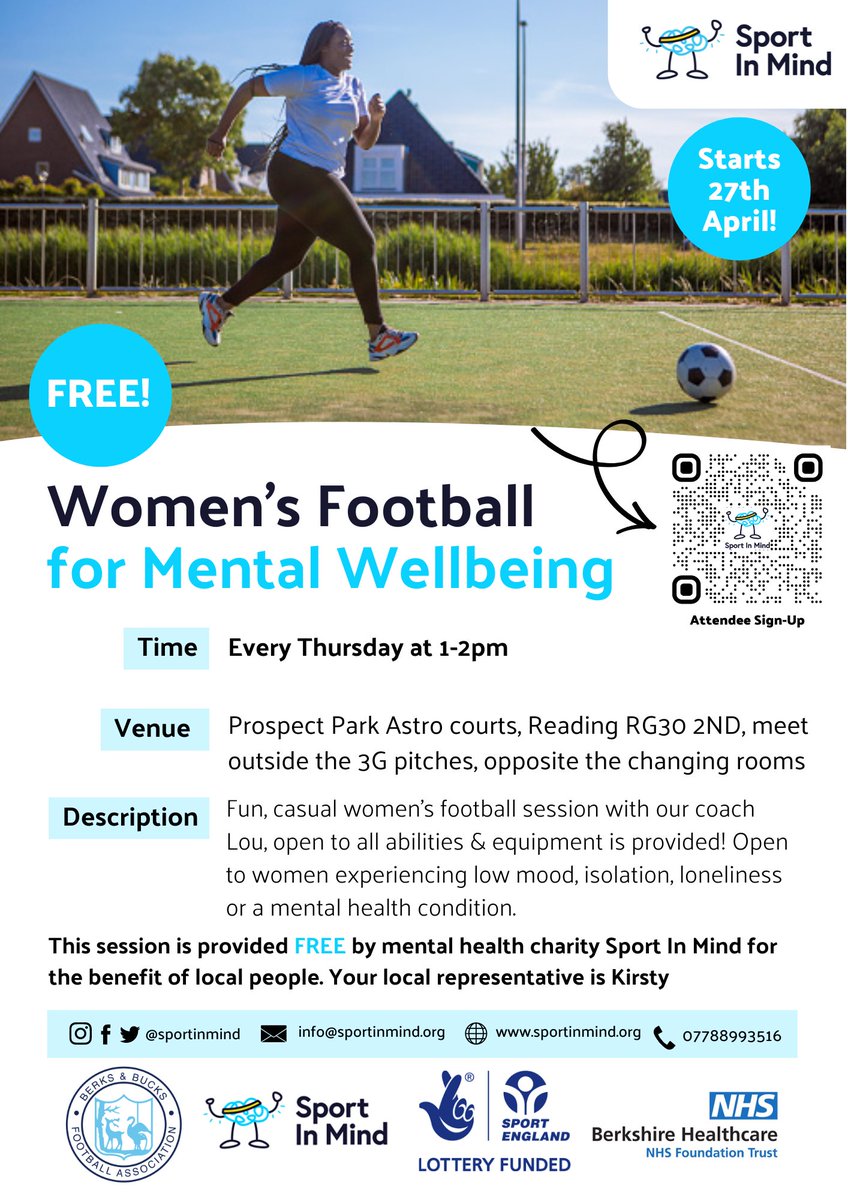 Our Charity Partner, @sportinmind, host free Women's Football for Mental Wellbeing Sessions every Thursday in Reading. ⚽️ You can find out more about the important work they do, awareness they raise and sessions they provide on their website: 📲 sportinmind.org