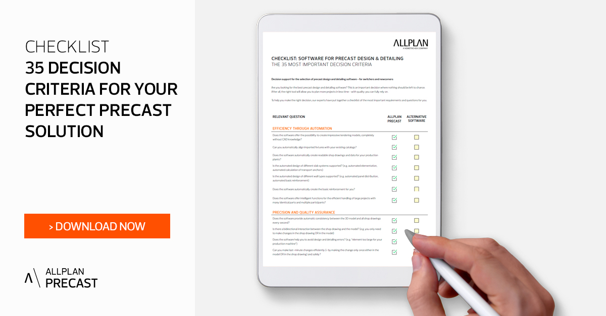 Does your #precast design team feel overwhelmed by your current software? If so, put your current software solution to the test with our free checklist of the most important decision criteria when it comes to selecting a #precastdesign software hubs.li/Q01S_Rkv0

#allplan