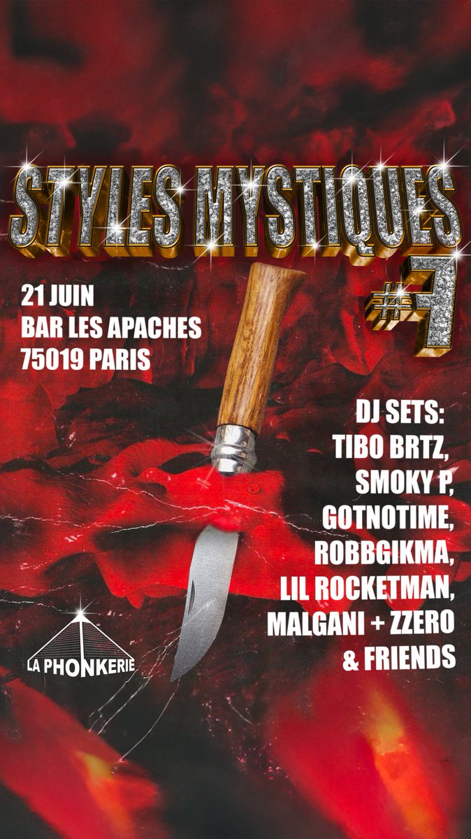 Styles Mystiques #7
21 juin sauvage
Avec :
<a href="/gotnotimetw/">GOTNOTIME</a>
<a href="/sanlouisrecords/">SAN LOUIS RECORDS 𝙎𝙇𝙍</a>
@robbolgoy
@lilrocketman (U.S.A.)
<a href="/ThomasMartinezH/">MALGANI</a>+ <a href="/zzero/">zzero</a> (<a href="/train_fantome/">Train Fantôme</a>)
<a href="/tibobrtz/">Tibo BRTZ</a>
DJ Sets &amp; live 
Aux Apaches 
A partir de 18h 
Entrée libre 
Visuel @SINGEMONGOL