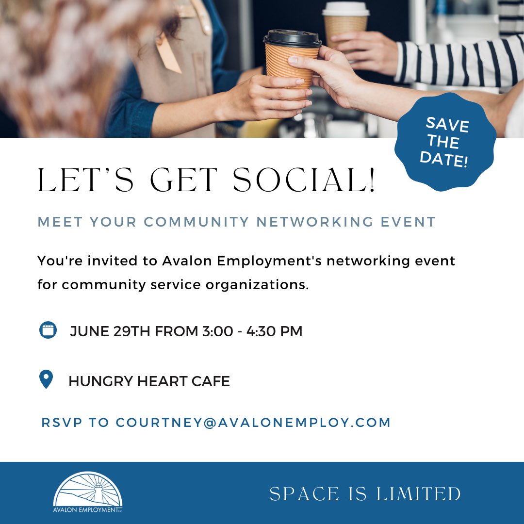 📢 Attention service organizations in the St. John's area...

You don't want to miss out on this!

Avalon Employment is hosting a Meet Your Community networking event...and you're invited 🎉

WHEN: Thursday, June 29th from 3:00-4:30pm
WHERE: Hungry Heart Cafe

RSVP today!