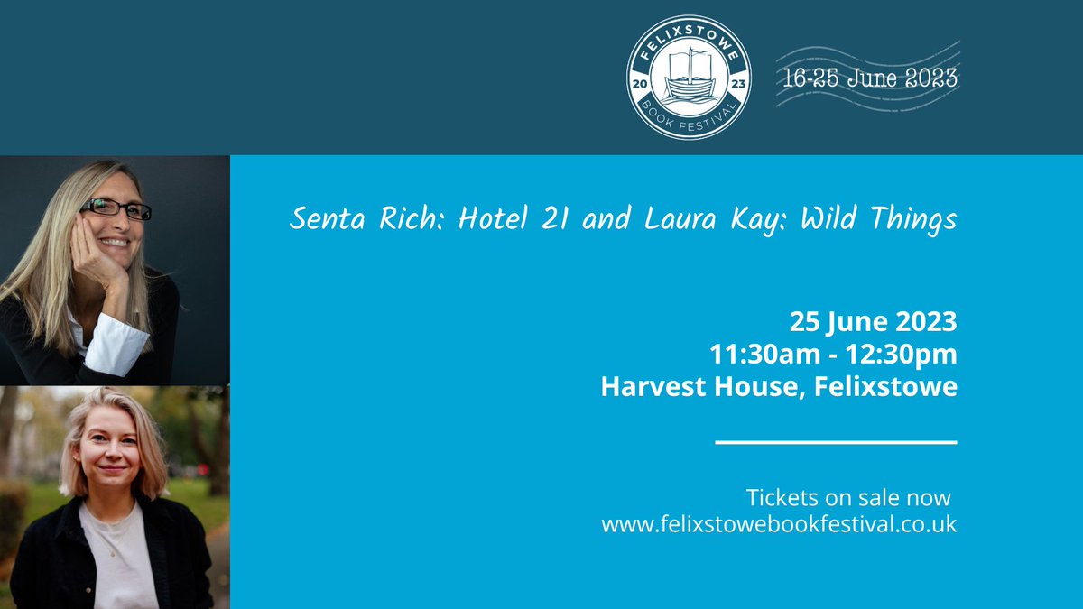 We're excited to welcome authors Senta Rich and Laura Kay to this year's festival to discuss their two sharp, funny, uplifting and heart-warming books, 'Hotel 21' and 'Wild Things'.  

Get your tickets now at felixstowebookfestival.co.uk/events/senta-r…

#BookFestival #Books #Felixstowe #Suffolk