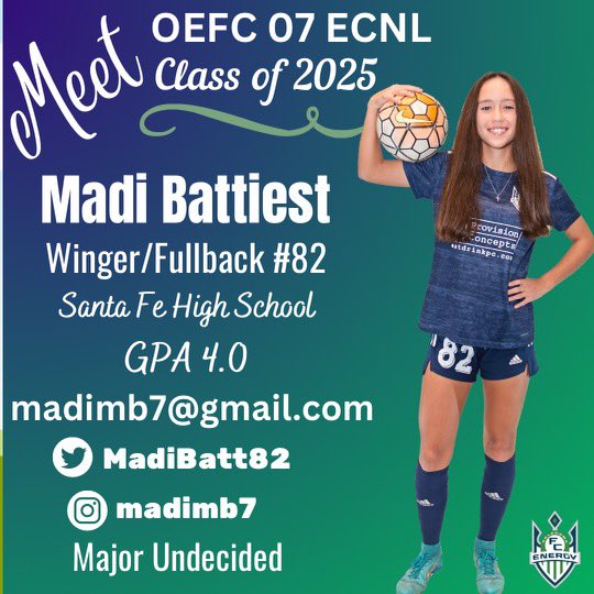 OEFC 07 / 06 Girls ECNL - 2025 - 26 (@oefc07_06gecnl) on Twitter photo ⚽️Class of 2025⚽️
Today we feature our next player <a href="/MadiBatt82/">Madi Battiest</a>
Watch for Madi in San Diego contributing to both the offensive and defensive attack.
<a href="/ECNLgirls/">ECNL Girls</a>
<a href="/TheSoccerWire/">SoccerWire</a>
<a href="/ImCollegeSoccer/">College Soccer Truth ™</a>
<a href="/PrepSoccer/">Prep Soccer ⚽️</a>
<a href="/TopDrawerSoccer/">TopDrawerSoccer</a>
<a href="/Oklahoma_FC/">Oklahoma Energy FC</a>
<a href="/OEFCGirlsECNL/">Oklahoma Energy FC Girls ECNL</a>
<a href="/EcnlTexas/">ECNL Girls Texas Conference</a>
<a href="/ImYouthSoccer/">ECNL/GA/Recruiting/College Soccer</a> ⚽️Class of 2025⚽️
Today we feature our next player <a href="/MadiBatt82/">Madi Battiest</a>
Watch for Madi in San Diego contributing to both the offensive and defensive attack.
<a href="/ECNLgirls/">ECNL Girls</a>
<a href="/TheSoccerWire/">SoccerWire</a>
<a href="/ImCollegeSoccer/">College Soccer Truth ™</a>
<a href="/PrepSoccer/">Prep Soccer ⚽️</a>
<a href="/TopDrawerSoccer/">TopDrawerSoccer</a>
<a href="/Oklahoma_FC/">Oklahoma Energy FC</a>
<a href="/OEFCGirlsECNL/">Oklahoma Energy FC Girls ECNL</a>
<a href="/EcnlTexas/">ECNL Girls Texas Conference</a>
<a href="/ImYouthSoccer/">ECNL/GA/Recruiting/College Soccer</a>