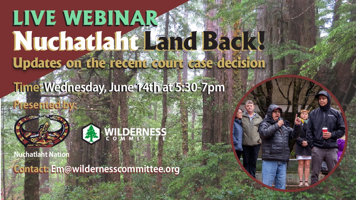 Two nights away!

Come hear an update from Nuchatlaht leaders and lawyers, learn about the recent Supreme Court decision and what's next in this Nation's fight to get its land back:

us02web.zoom.us/webinar/regist… #NuchatlahtSolidarity #NootkaIsland #StandWithNuchatlaht