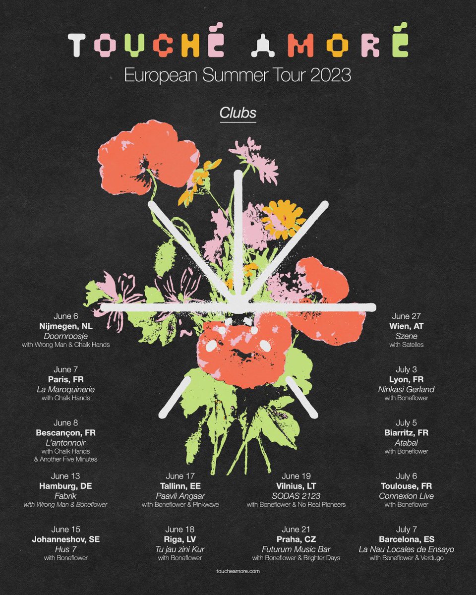 Club shows pick back up tomorrow in Hamburg! 

We are joined by the mighty <a href="/Weareboneflower/">Boneflower</a> for the majority of the club dates going forward. 

Hope to see you there!

toucheamore.com/tour