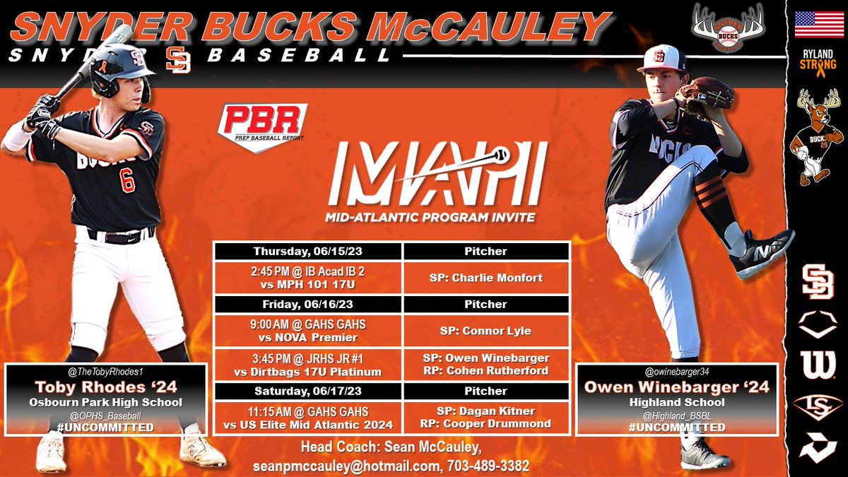 Snyder Baseball (@snyderbaseball) on Twitter photo Check out Snyder Bucks McCauley opening weekend schedule for the <a href="/PBRTournaments/">Prep Baseball Tournaments</a> Mid Atlantic Program Invite in Richmond, VA. First game is Thursday 06/15 @ 2:45. <a href="/CharlieMonfort/">charlie Monfort</a> gets the pearl for the first game. Good Luck BUCKS!!!
⚾️🦌⚾️<a href="/sean_mac89/">Sean McCauley</a> Check out Snyder Bucks McCauley opening weekend schedule for the <a href="/PBRTournaments/">Prep Baseball Tournaments</a> Mid Atlantic Program Invite in Richmond, VA. First game is Thursday 06/15 @ 2:45. <a href="/CharlieMonfort/">charlie Monfort</a> gets the pearl for the first game. Good Luck BUCKS!!!
⚾️🦌⚾️<a href="/sean_mac89/">Sean McCauley</a>