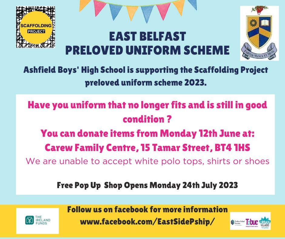 abhs_belfast's tweet photo. Ashfield Boys' is delighted to be supporting this once again this year. Donated items can be left in our school office or at Carew Family Centre. @EastSidePship #preloveduniform https://t.co/HbOyOz19dK