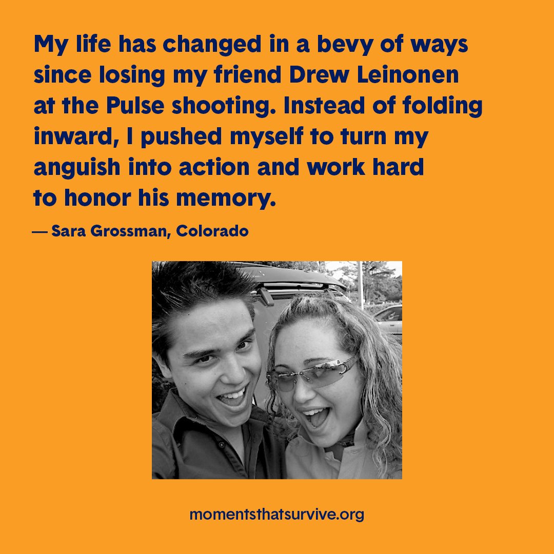 MomsDemand's tweet photo. Sara Grossman’s best friend, Drew Leinonen, was among the 49 people whose lives were tragically stolen from them by a gunman at Pulse nightclub seven years ago today. In his honor, Sara co-founded @TheDruProject, a nonprofit dedicated to expanding gay-straight alliances in Florida. And as a survivor fellow with @Everytown, Sara is a passionate advocate for stronger gun safety laws.