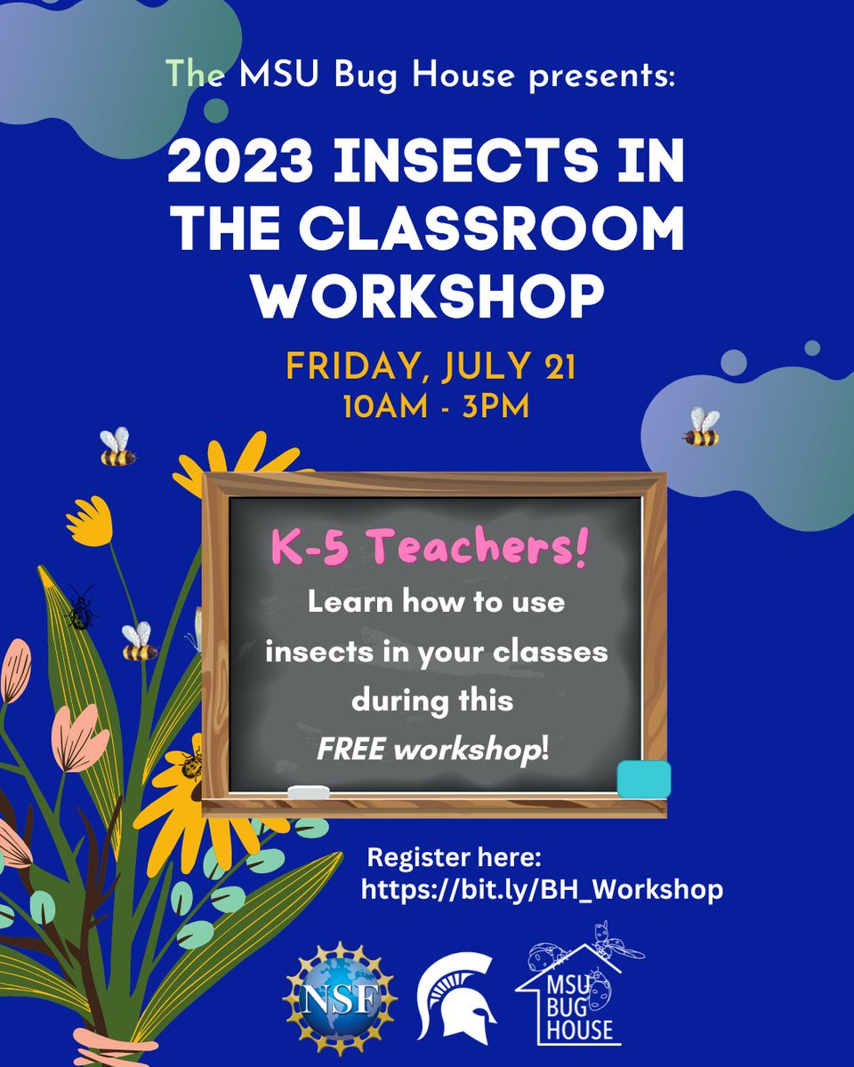 The <a href="/MSUBugHouse/">MSU Bug House</a> is excited to present "Insects in the Classroom," a workshop for local K-5 teachers! This free event includes an review of insect biology, live insect handling &amp; care demos, and activities &amp; lessons that directly align with the NGSS. bit.ly/BH_Workshop