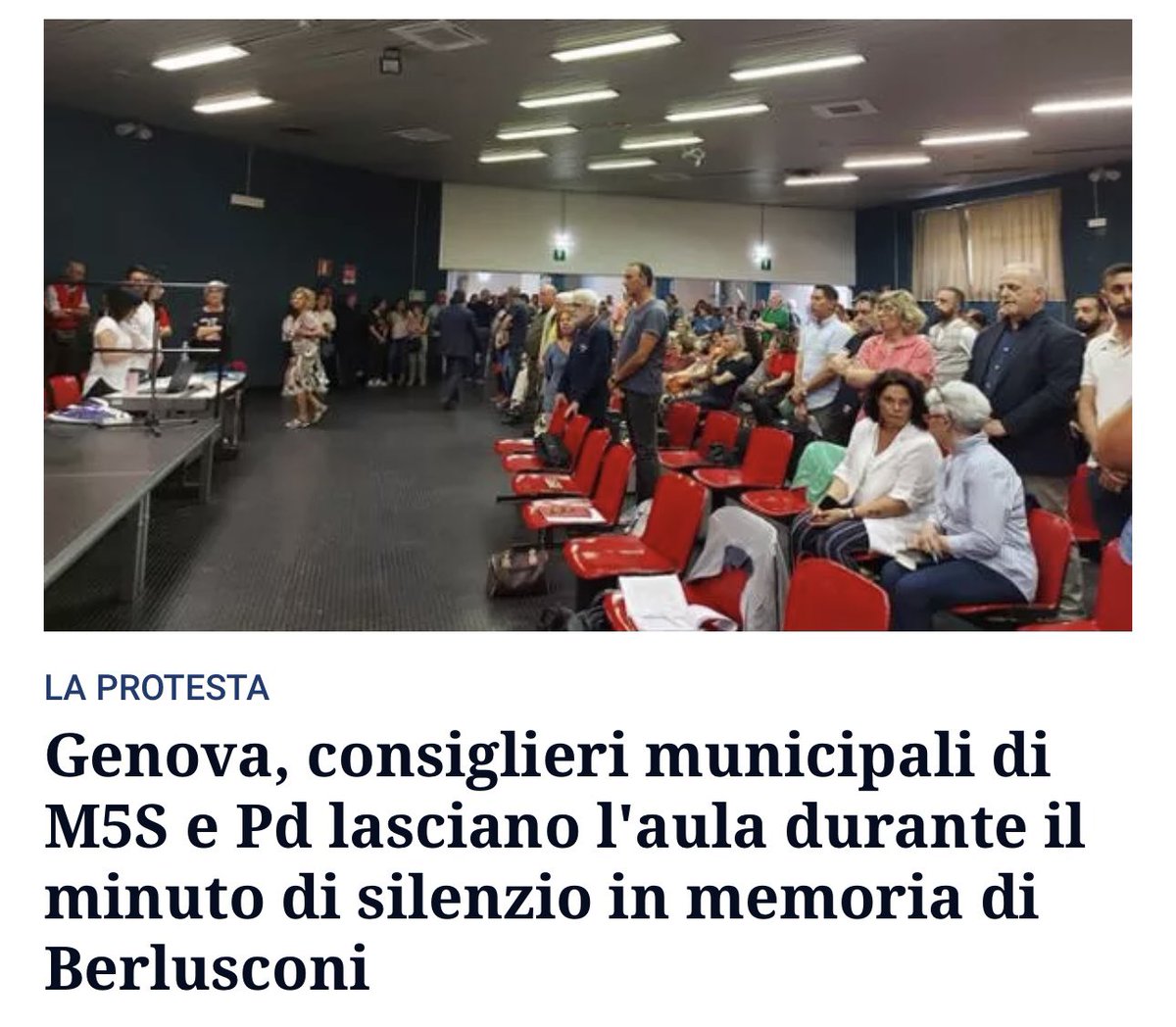 I consiglieri municipali di M5S e PD che a Genova lasciano l’aula durante il minuto di silenzio in memoria di #Berlusconi hanno un’idea confusa di cosa sia il senso delle istituzioni. Mancare di rispetto umano, prima che politico, davanti ad un lutto è semplicemente vergognoso