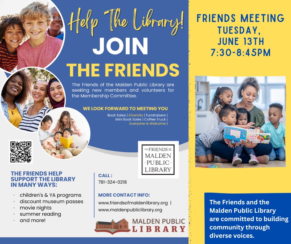 Friends Meeting: Tues., June 13th: 7:30-8:45pm. MPL and The Friends of the Malden Public Library are committed to building community through diverse voices. We look forward to seeing you! #friends #malden #books #community