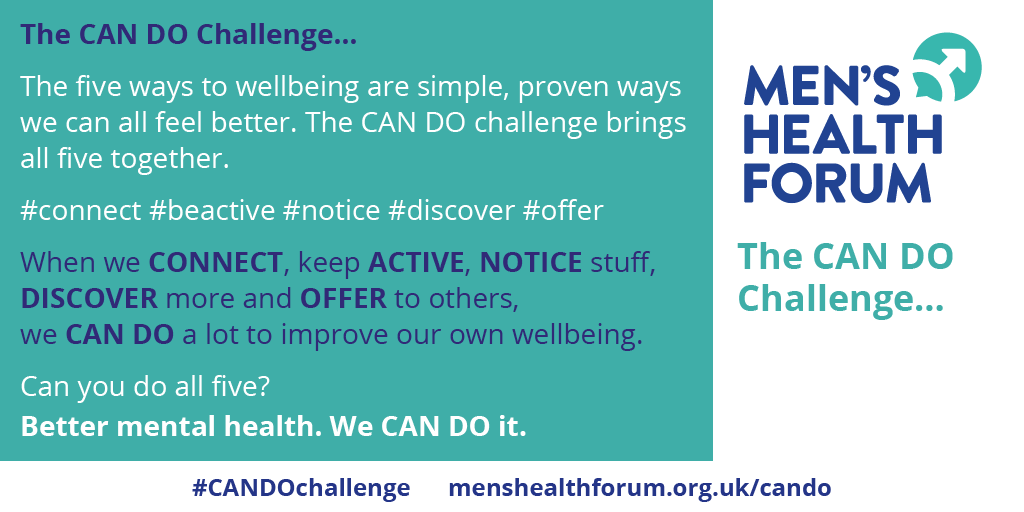 It's #menshealthweek and to mark the week we're raising awareness of the @menshealthforum five ways to wellbeing campaign. We're encouraging both colleagues and customers to do five things that are scientifically-proven to help us feel better. Can you do the #CANDOChallenge ?