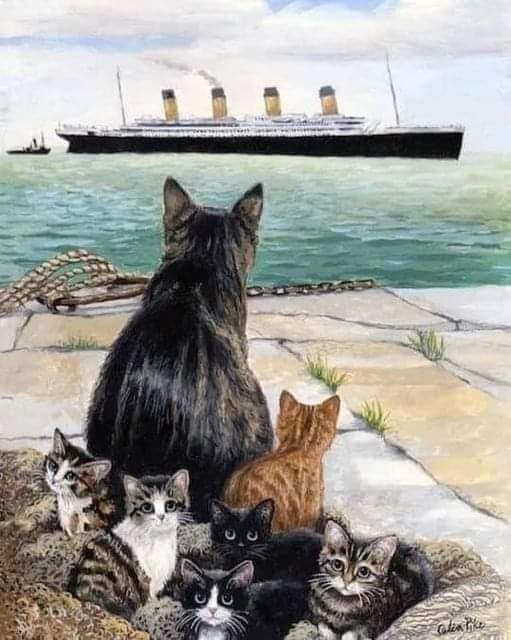 TheAnilPie's tweet photo. This picture is by artist Celia Pike. It is of Jenny and her babies watching the last sailing of the Titanic. There was a #cat, Jenny, who was one of the #Titanic’s cat. She had her #kittens onboard in Belfast. https://t.co/lhhnYeG5nH