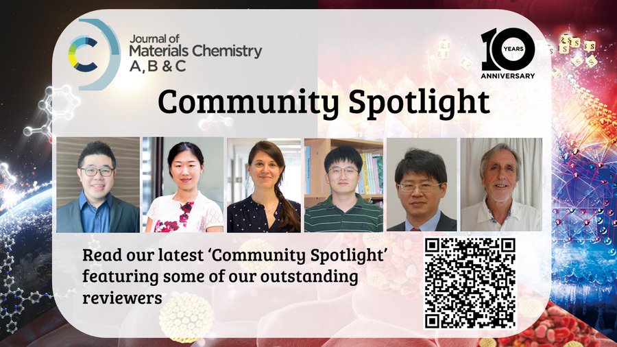 Promotional slide for the Journal of Materials Chemistry A, B and C 10th anniversary community spotlight featuring some outstanding reviewers. Image features photos of each of the reviewers, from left to right; Dr Ady Suwardi, Prof. Jiao Jiao Li, Dr Eva Hemmer, Prof Seung Uk Son, Prof Shinn-Jya Ding and Prof. Martin Bryce