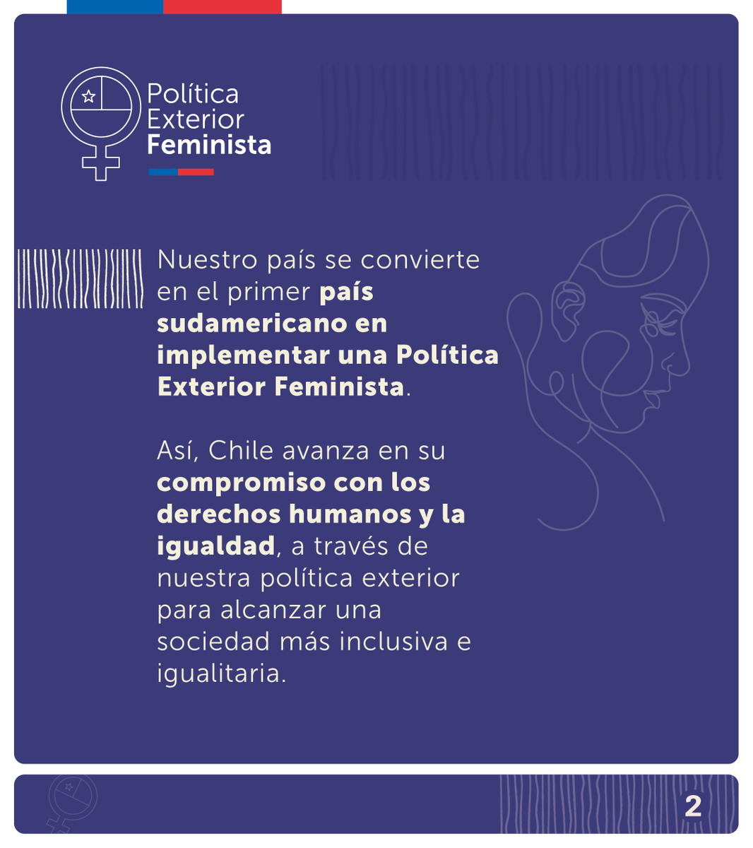 ¡Chile 🇨🇱 se convierte en el primer país sudamericano en implementar una #PolíticaExteriorFeminista! Uniéndose a 🇫🇷, 🇨🇦, 🇪🇸, 🇱🇺 y 🇲🇽, que ya han implementado una.

Así, reiteramos nuestro compromiso con los DD.HH. y la igualdad para alcanzar una sociedad más inclusiva.