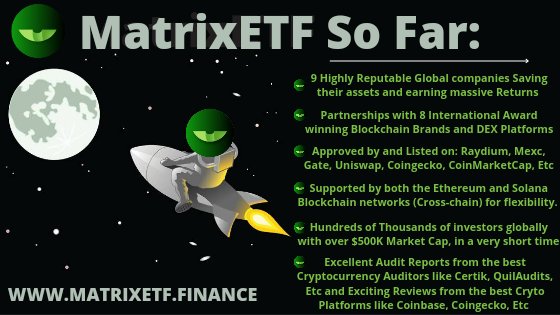 Xstabrownson's tweet photo. Why you should Trust and Invest in @MatrixETF? The infographic below lists the major milestones of MatrixETF in less than six months since launch. These investors will win tomorrow - Win when they'll win!
$MDF #matrixETF #Solana #ETH
#cryptocurrencies
@elonmusk @UBAGroup @de_fi https://t.co/SFcYY6sQq0