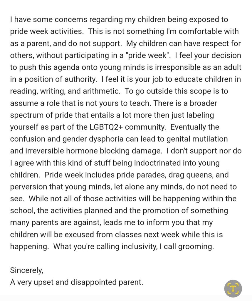From the DM’s…

We’re told this hate letter was received by a teacher. 

This is happening in Alberta in 2023. 

And it’s appalling. 

#abpoli #ableg #cdnpoli