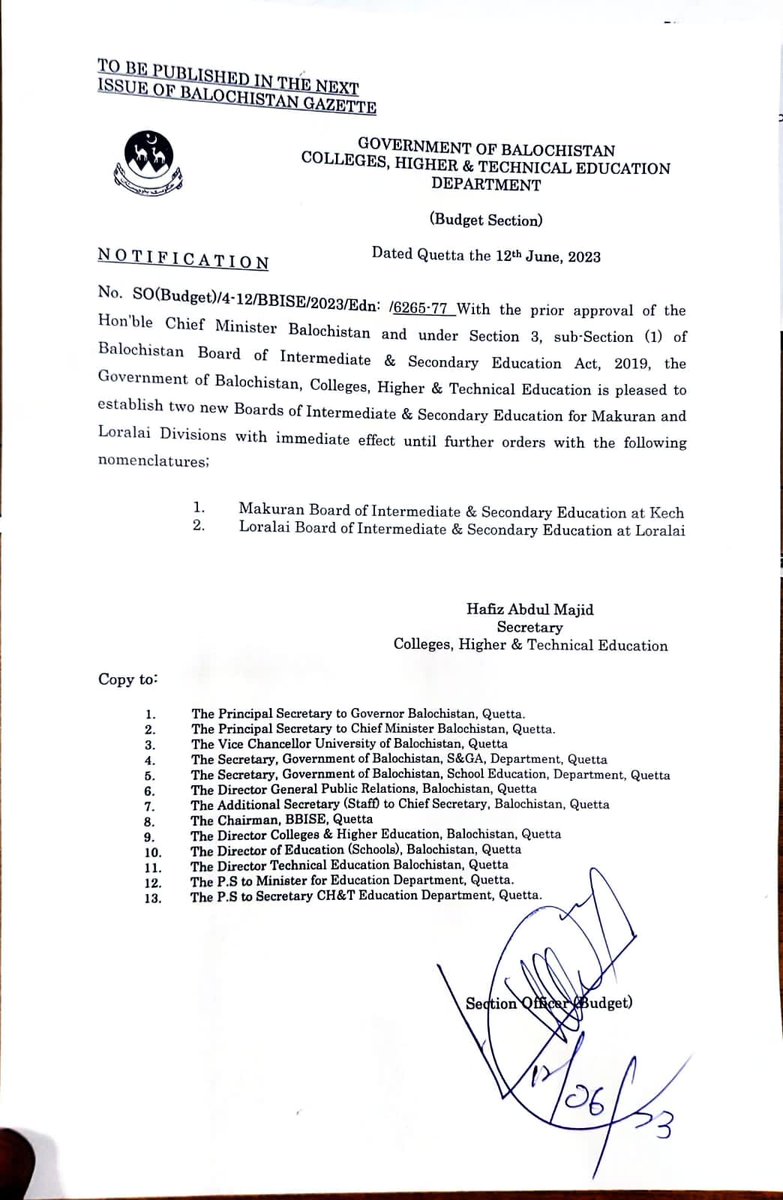 Two new boards of intermediate and secondary education will be established for the Makran and Loralai Divisions with immediate effect, in accordance to the approval of Hon'ble Chief Minister of Balochistan Mir Abdul Quddus Bizenjo.

<a href="/AQuddusBizenjo/">Mir Abdul Quddus Bizenjo</a> <a href="/cs_balochistan/">Chief Secretary Balochistan</a> @hamzashafqaat