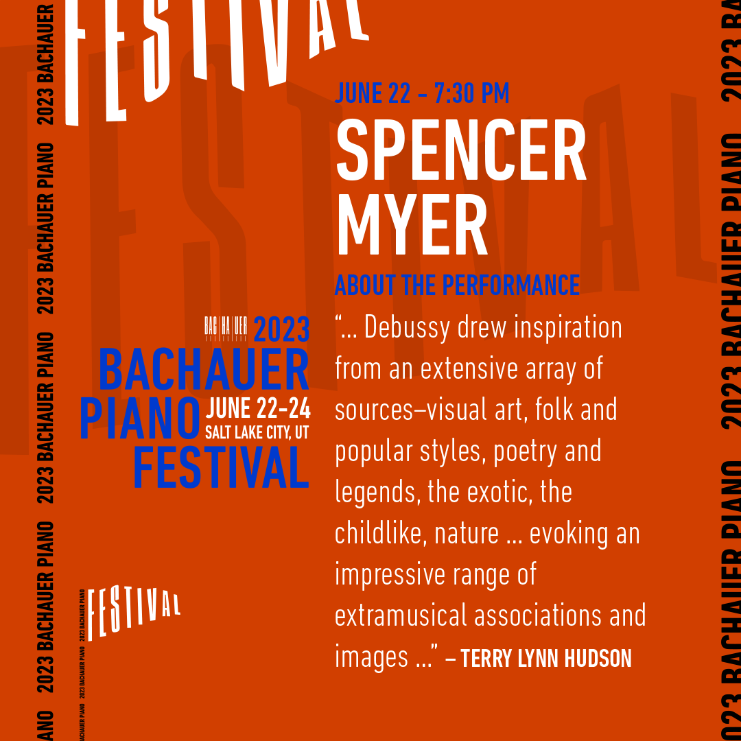 JUN 22 -  Spencer Myer, acclaimed performer and educator will be performing a captivating program of Debussy’s 24 Preludes at the 2023 GINA BACHAUER INTERNATIONAL PIANO FESTIVAL. For tickets and program info visit: 
bachauer.com/festivals/2023…