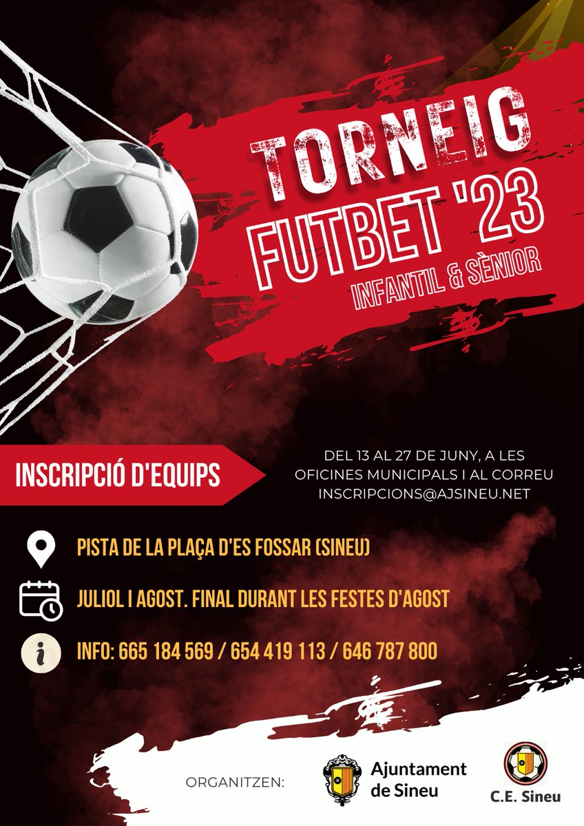 CE Sineu (@ce_sineu) on Twitter photo โ ๏ธ Ja s'acosta l'estiu i amb ell el Torneig de Futbet '23 ๐คฉโฝ๏ธ
โ๏ธ๐ผ A partir de demร fins dia 27 de juny vos podeu inscriure a les oficines de l'Ajuntament o al correu: inscripcions@ajsineu.net โ ๏ธ Ja s'acosta l'estiu i amb ell el Torneig de Futbet '23 ๐คฉโฝ๏ธ
โ๏ธ๐ผ A partir de demร fins dia 27 de juny vos podeu inscriure a les oficines de l'Ajuntament o al correu: inscripcions@ajsineu.net