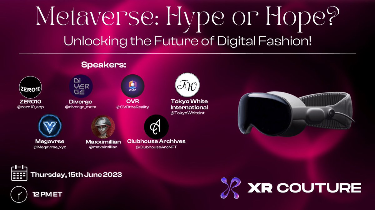 📣 ATTENTION 📣

Join us for an EXPLOSIVE 🎙️as we debunk the “#metaverse is dead” myth with a line of awesome speakers!! 🙌👀🚀

<a href="/zero10_app/">ZERO10</a> <a href="/diverge_meta/">DIVERGE</a> <a href="/OVRtheReality/">Over the Reality 🌐</a> <a href="/TokyoWhiteInt/">Tokyo White International</a> <a href="/Megavrse_xyz/">Megavrse</a> <a href="/maxximillian/">Maxximillian.base.eth ✈️ 🏜️</a> <a href="/ClubhouseArcNFT/">Clubhouse Archives</a> 

Set your reminders >> x.com/i/spaces/1lDxL…