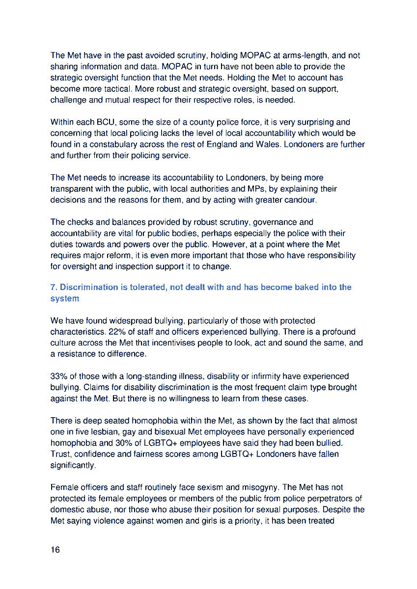 "We have found widespread #bullying, particularly of those with protected characteristics. 22% of staff and officers experienced bullying ... 33% of those with a long-standing illness, disability" #CaseyReview #accountability <a href="/MetPoliceUK/">Metropolitan Police</a>
bit.ly/casey-review-2…
