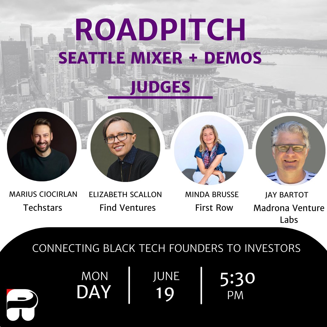 RoadPitchTour's tweet image. 📢 Exciting news! Meet the esteemed judges for #RoadPitchSeattle🚀:
🌟 @madebymarius - @TechstarsSEA
🌟 @E_Scallon - @findventures
🌟 @MindaBrusse - @FirstRowVC
🌟 @jbartot - @MadronaVL
#StartupPitch #SeattleTech #Entrepreneurship #blacktechfounders