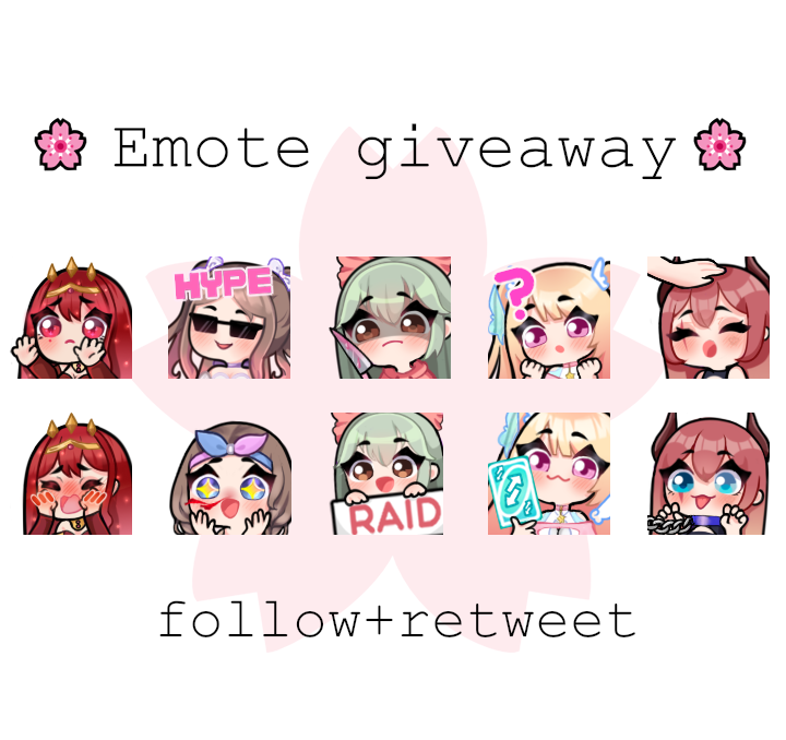 🌸Emote giveaway !🌸
WINNER WILL RECEIVE 5 FREE CUSTOM EMOTES!
to enter:
▫️Follow + Retweet
▫️Start 12 June - End June 20
