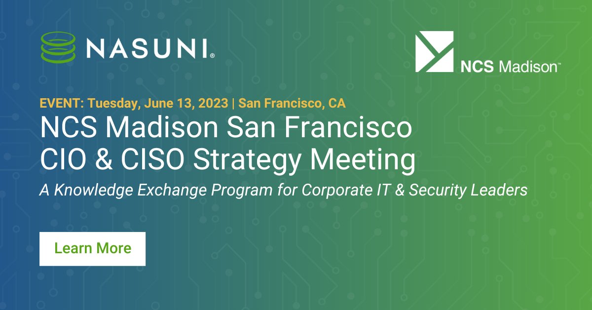 Nasuni's tweet image. We&apos;re sponsoring the @NCS_Madison CIO &amp;amp; CISO Strategy Meeting on June 13 in San Francisco! Attend @Nasuni&apos;s session to discover the #Ransomware defense strategy every organization needs to protect their #FileData. 💪

🌟 Register now: bit.ly/3WOBTpV #Cybersecurity #Cloud