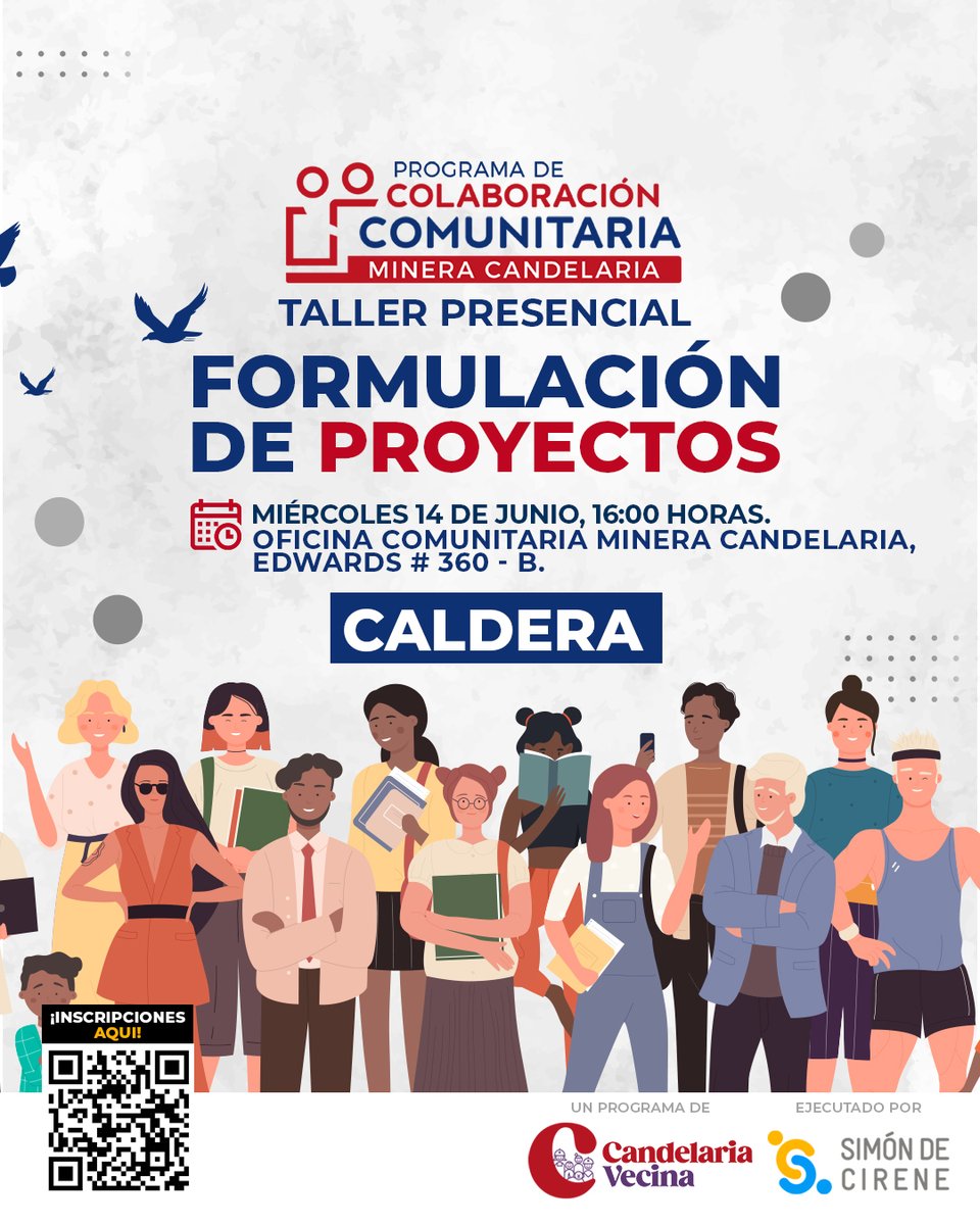 ¡Atención organizaciones de #Caldera!

Taller presencial de formulación de proyectos para el #ProgramadeColaboraciónComunitaria.

🗓️ Miércoles 14 de junio, 16:00 hrs, Oficina Comunitaria Edwards N°360 - B.

🔍 Inscríbete: forms.gle/coArmrjhDakWXg…
🔗 Bases: distritocandelaria.cl/comunidad