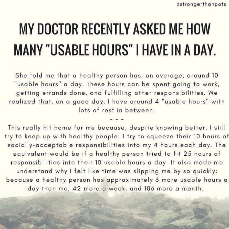 Taking stock of our usable hours can be depressing. It's not something that focus on myself because it changes from day to day. 

Focus on what you can do not what you can't 💜

#fibromyalgia