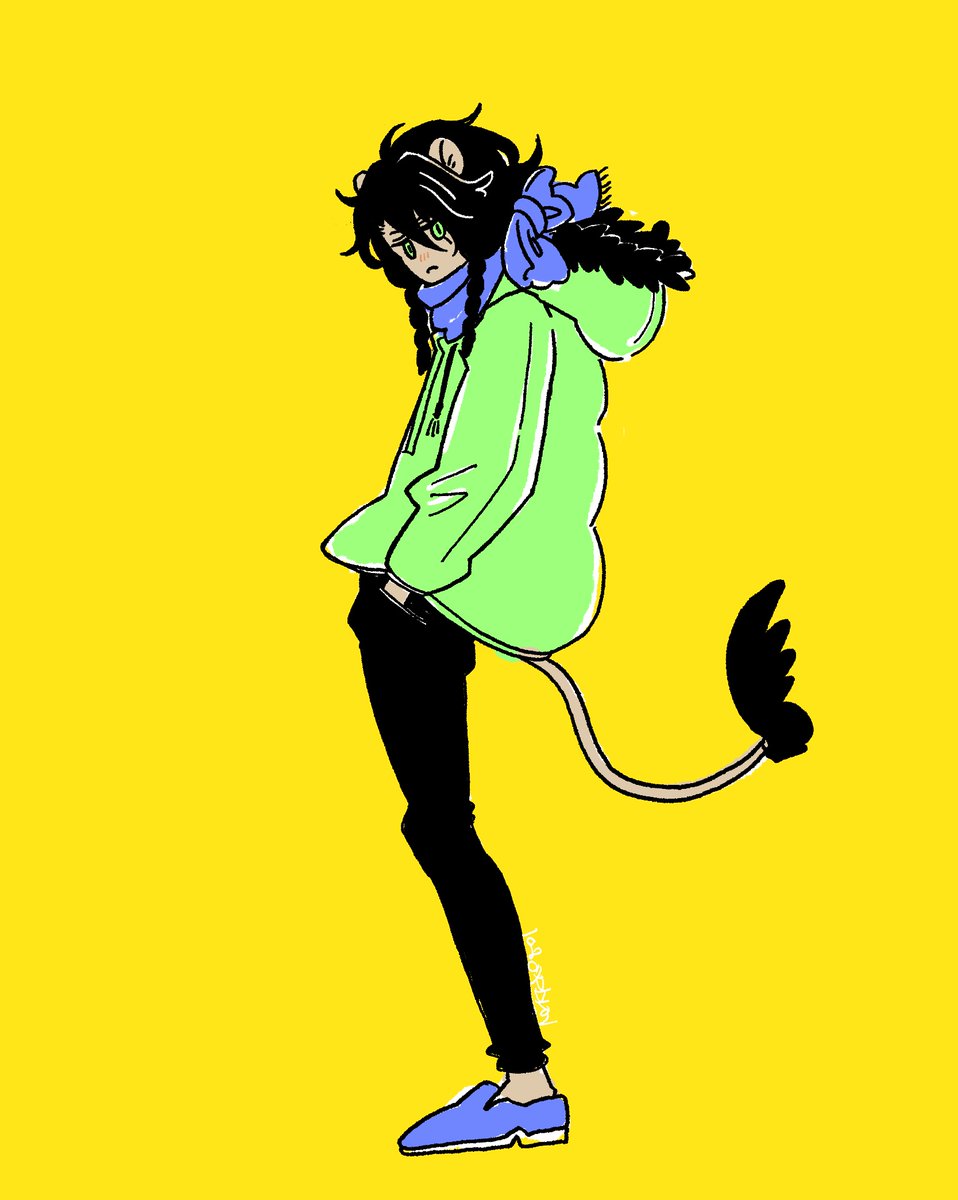 solo yellow background 1boy male focus black hair simple background animal ears  illustration images